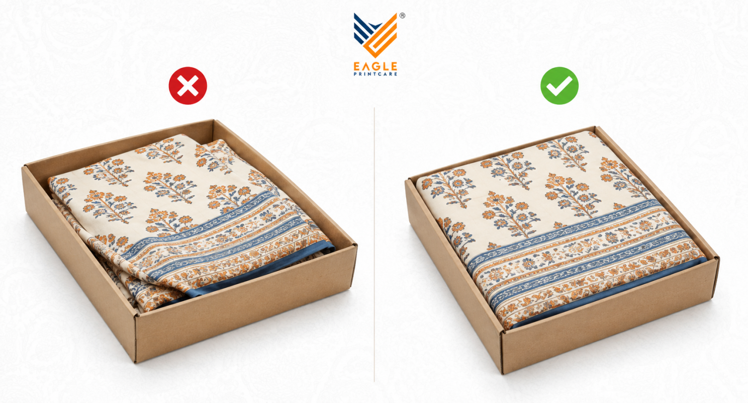 Comparison showing an oversized textile box and a correctly fitted box