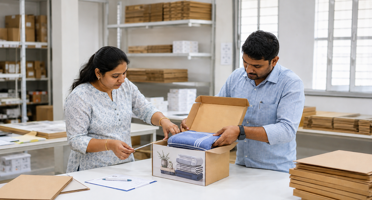 Packaging team measuring a folded towel set inside a prototype cardboard box