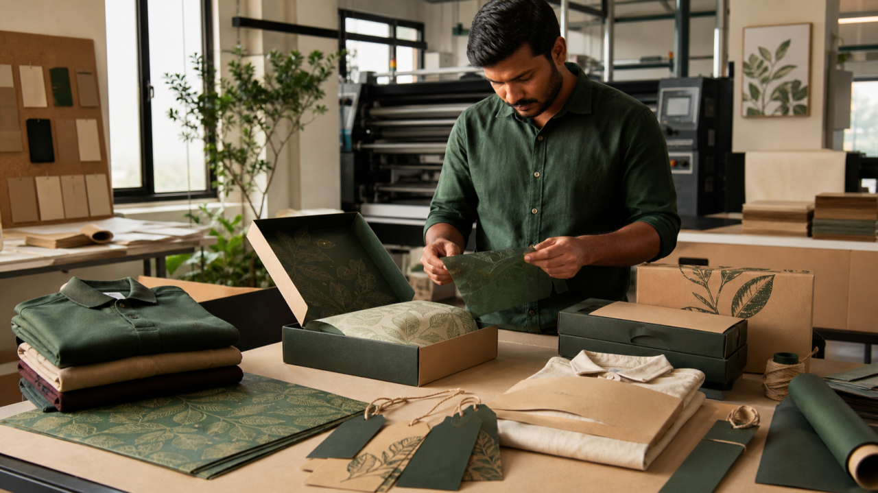 Packaging specialist reviewing coordinated apparel boxes, printed tissue and hang tags
