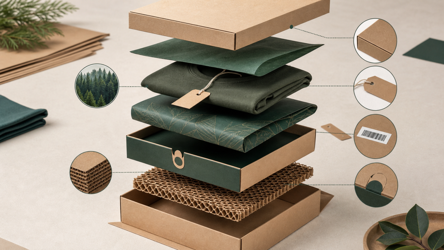 Exploded textile packaging system showing a box, tissue, folded garment, hang tag and protective corrugated insert