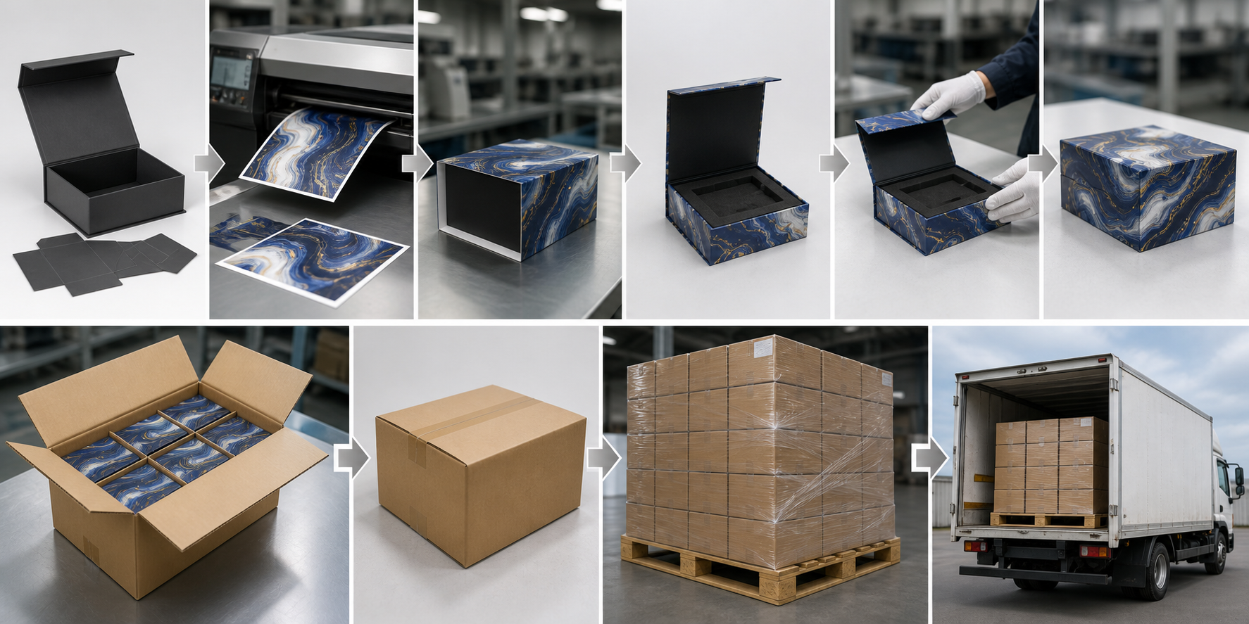 Quality-control inspection of rigid gift boxes for alignment, strength and finish.