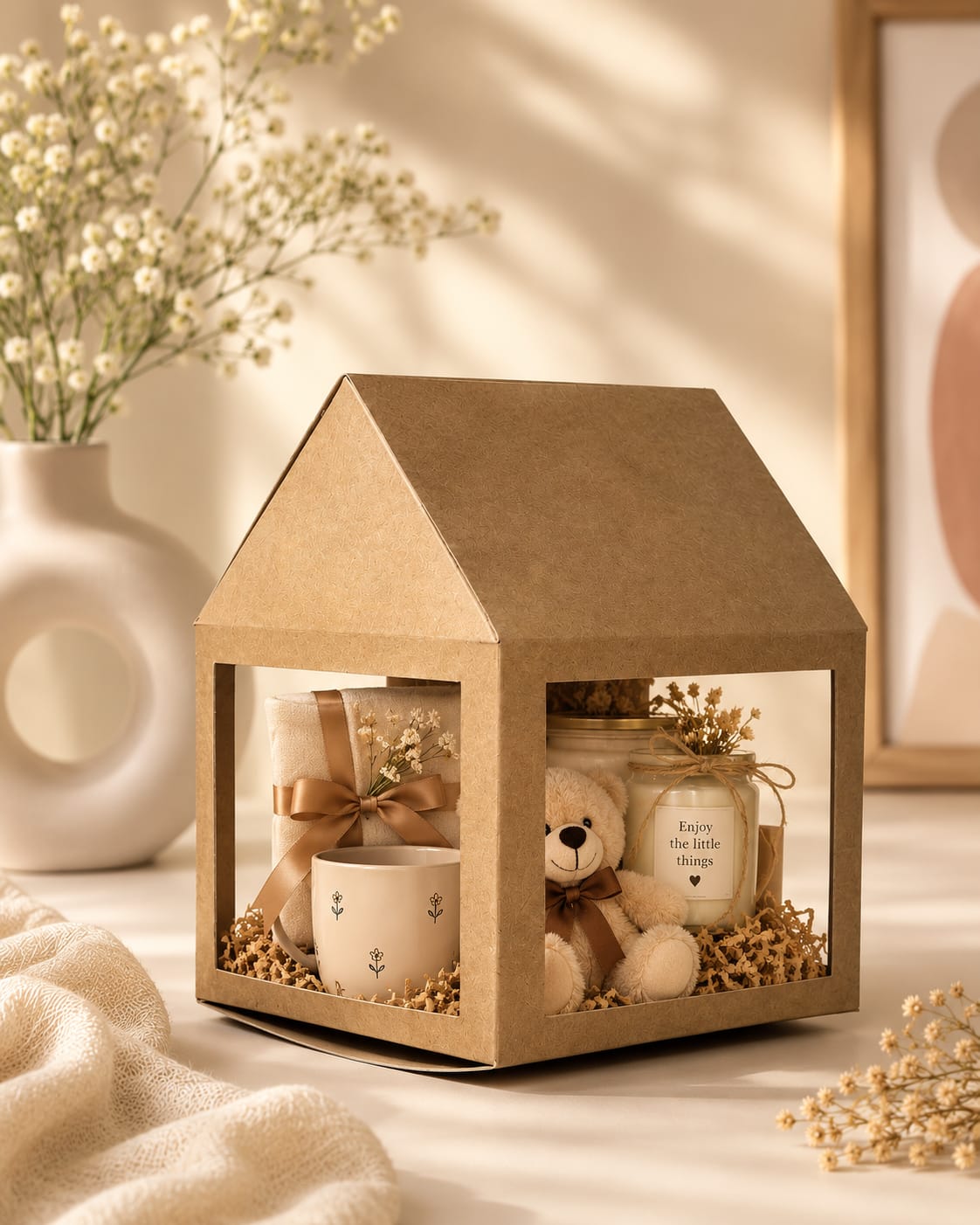 House-shaped kraft gift box with window showing candle and decor items